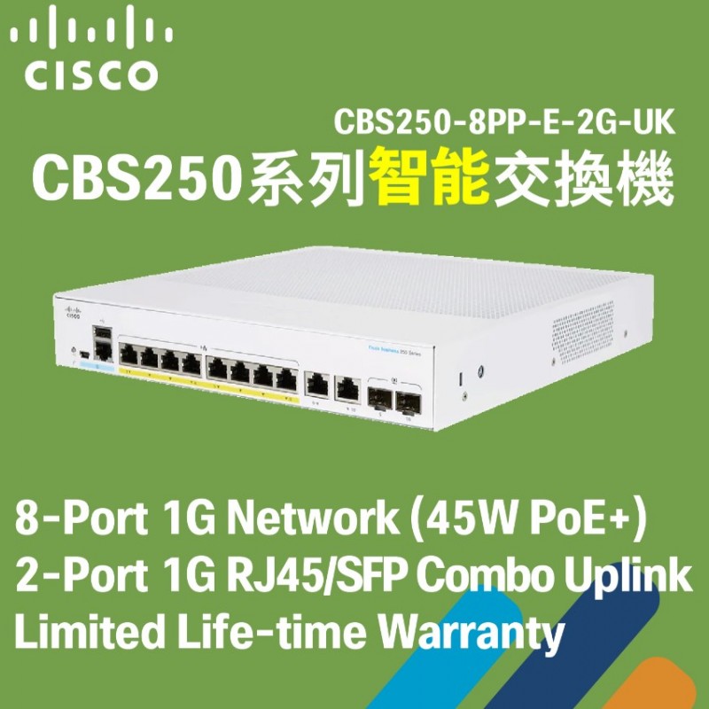 Cisco 8-Port Gigabit Ethernet PoE+ Smart Switch, CBS250-8PP-E-2GSwitches