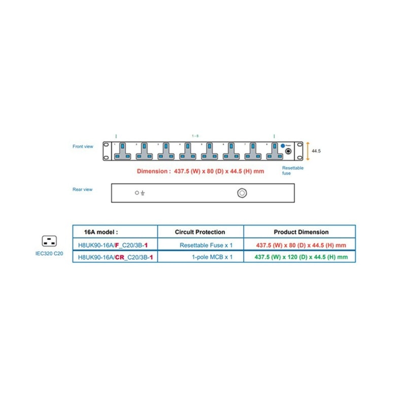 Austin Hughes InfraPower PDU, 8 Outlet, H8UK90-16A_C20/3B-1機櫃專用拖板