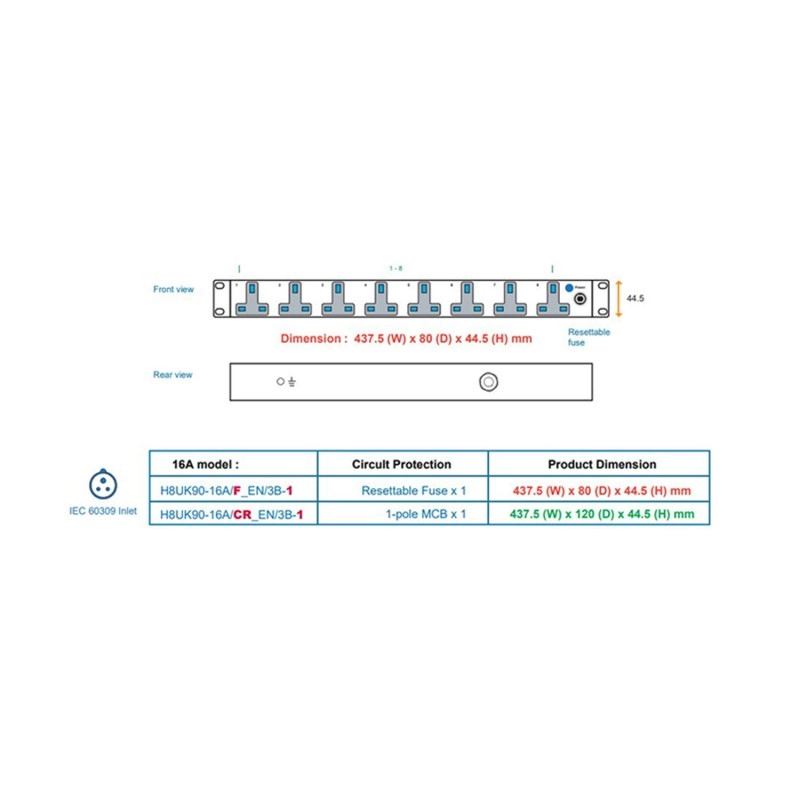 Austin Hughes InfraPower PDU 機櫃專用拖板, 8 Outlet, H8UK90-16A_EN/3B-1機櫃專用拖板