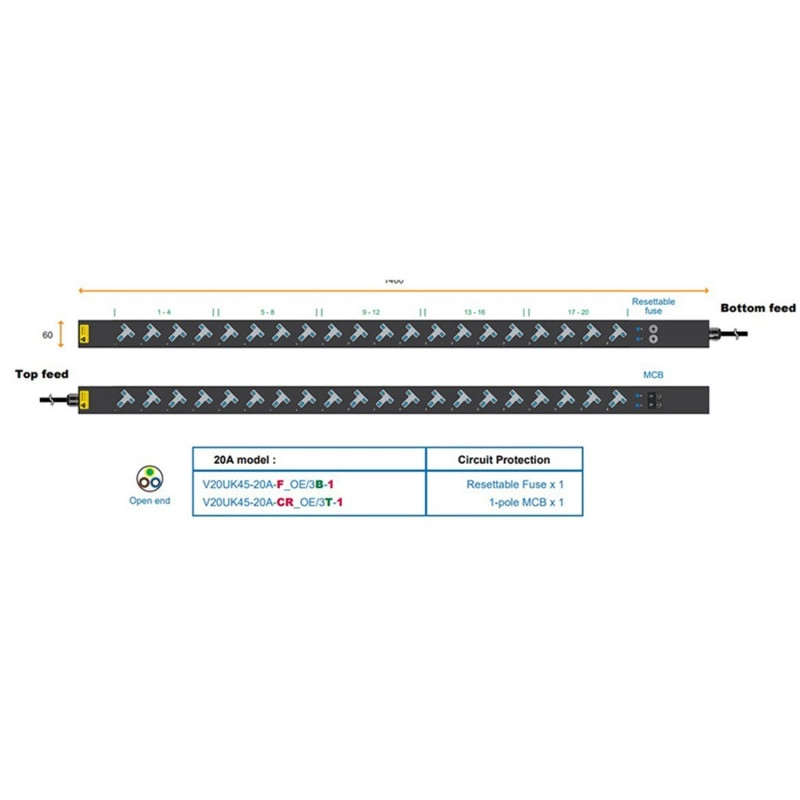 Austin Hughes InfraPower PDU, 20 Outlet, V20UK45-20A_OE/3B-1機櫃專用拖板