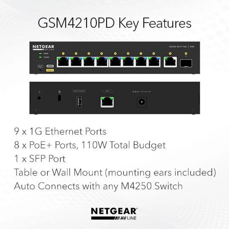 Netgear 10 port AV Line 管理型交換器, GSM4210PD交換器