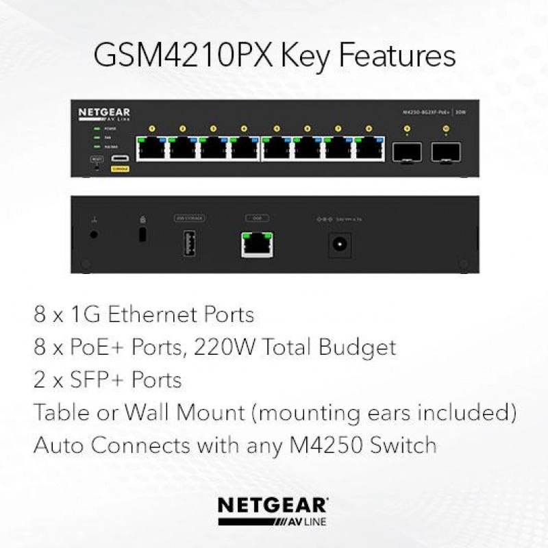 Netgear 10 port AV Line 管理型交換器, GSM4210PX交換器