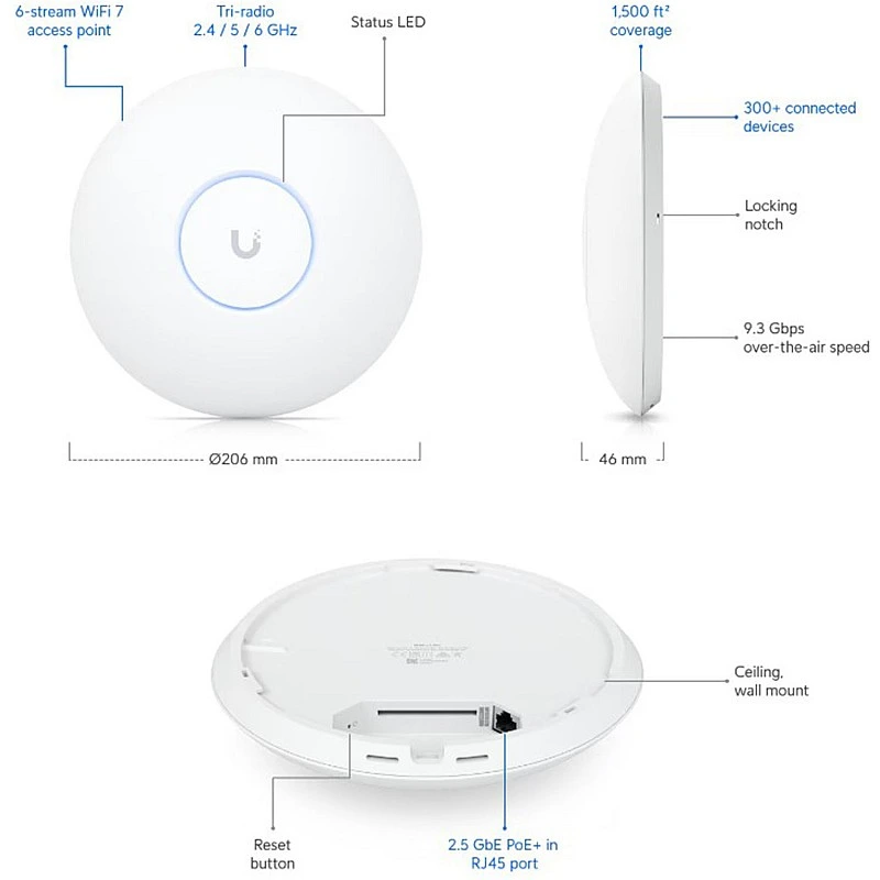 Ubiquiti UniFi 7 Pro Wi-Fi 7 Access Point, U7-Pro