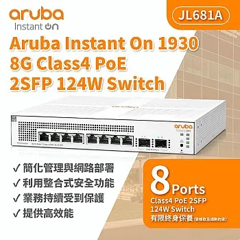 Aruba Instant On 1930 8G Class4 PoE 2SFP 124W 交換器, JL681A