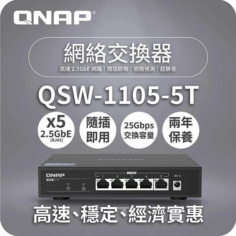 威聯通 QNAP 5 Ports 2.5GbE 無網管型交換器, QSW-1105-5T - Q-QSW-1105-5T QNAP NAS 優惠 ｜ 衍光HinKwong 香港