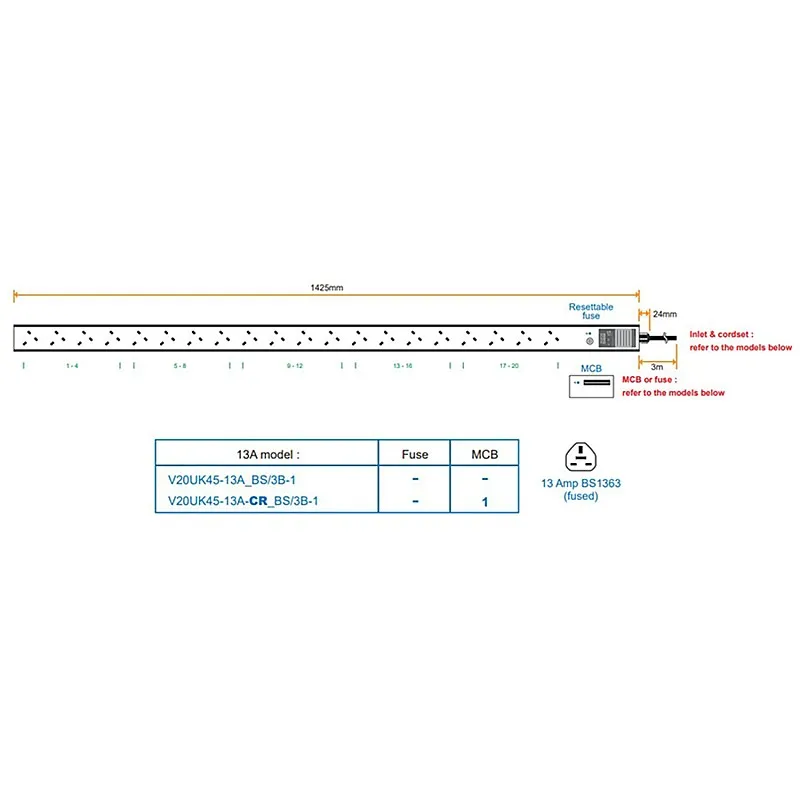 Austin Hughes InfraPower PDU, 20 Outlet, V20UK45-13A BS/3B-1 - Austin-Hughes-V20UK45-13A BS/3B-1 機櫃專用拖板 ｜ 衍光HinKwong 香港
