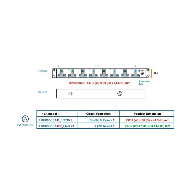 Austin Hughes InfraPower PDU 機櫃專用拖板, 8 Outlet, H8UK90-16A EN/3B-1 - Austin-Hughes-H8UK90-16A EN/3B-1 機櫃專用拖板 ｜ 衍光HinKwong 香港
