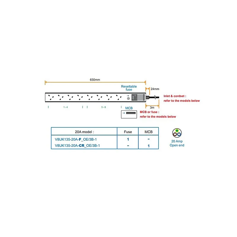 Austin Hughes InfraPower PDU, 8 Outlet, V8UK135-20A OE/3B-1 - Austin-Hughes-V8UK135-20A OE/3B-1 PDU ｜ 衍光HinKwong 香港