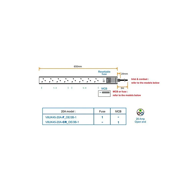 Austin Hughes InfraPower PDU, 8 Outlet, V8UK45-20A OE/3B-1 - Austin-Hughes-V8UK45-20A OE/3B-1 機櫃專用拖板 ｜ 衍光HinKwong 香港