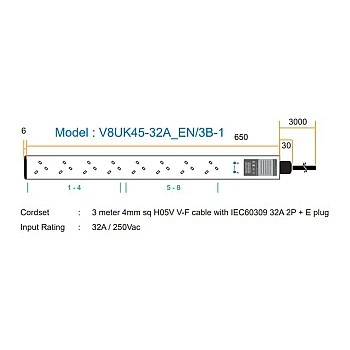 Austin Hughes InfraPower PDU, 8 Outlet, V8UK45-32A_EN/3B-1