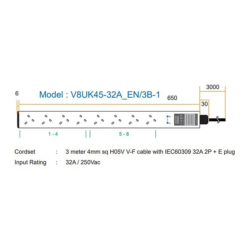 Austin Hughes InfraPower PDU, 8 Outlet, V8UK45-32A EN/3B-1 - Austin-Hughes-V8UK45-32A EN/3B-1 PDU ｜ 衍光HinKwong 香港
