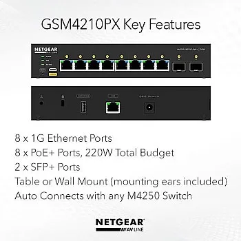 Netgear 10 port AV Line 管理型交換器, GSM4210PX