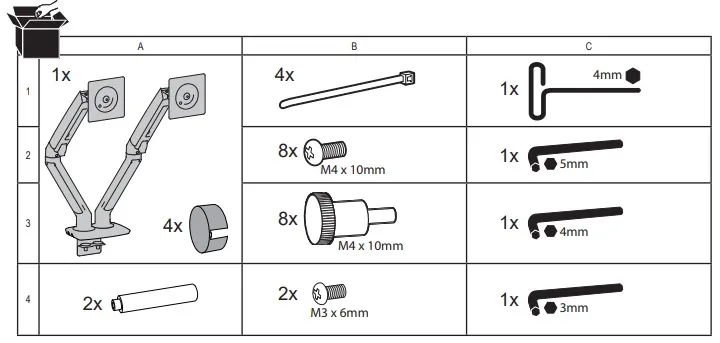 Ergotron LX Pro 盒裝標準配件及安裝五金清單